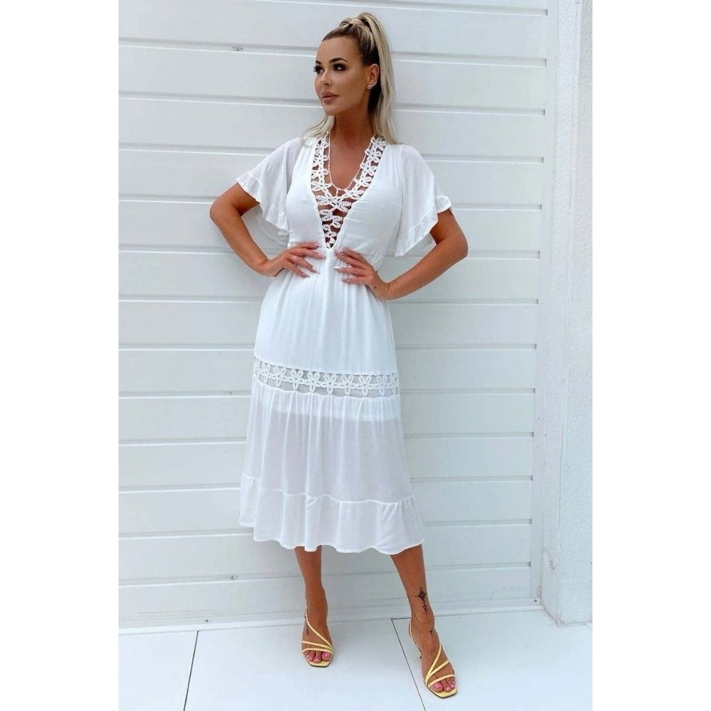 White Crochet Trim Short Sleeve V-Neck Midi Dress - Picture 2 of 8
